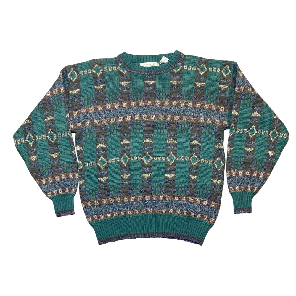 Hennessy Van Heusen Vintage 90s Geometric Knit Sweater Teal Grey Purple Mens L